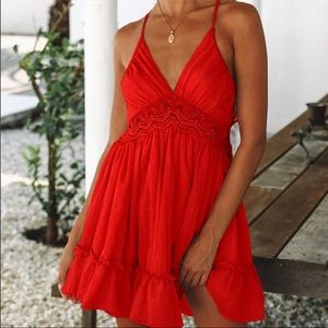 Red summer dress, lace spaghetti strap, open back